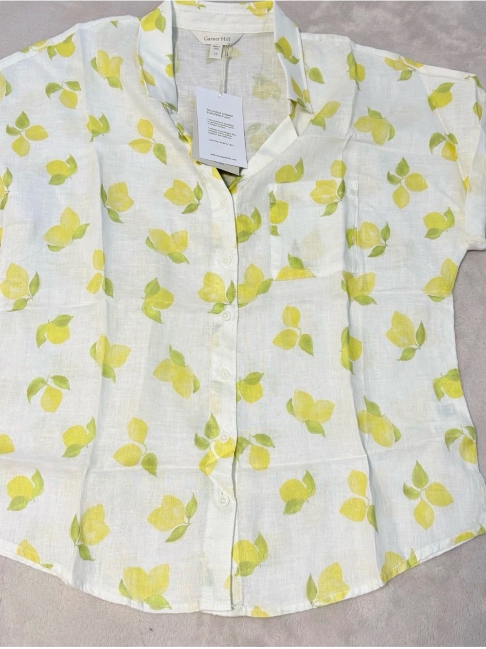 100% Linen Garnet Hill White Button-Down Shirt with Yellow Lemon Print Size 14
